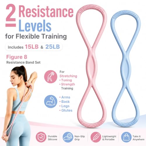 Figure 8 Resistance Bands with Handles,2 Pack Silicone Exercise Bands for Arms, Back, Legs and Glutes,15LB&25LB Figure Eight Bands for Yoga,Pilates,Stretching and Home Workout - color: Blue & Pink 15LB & 25LB