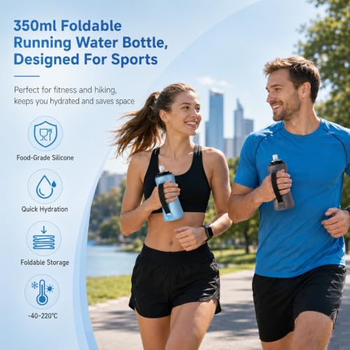 Handheld Running Water Bottle 350ml, Collapsible Silicone Water Bottle with Strap, Leak-Proof, for Running, Hiking, Cycling, Travel (Blue) - color: Blue