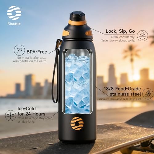 FJbottle 50oz Stainless Steel Insulated Water Bottle No Straw Spout Lid - color: Classic Black, size: 50 Ounces
