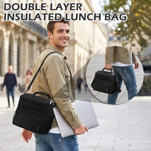 FlowFly Double Layer Cooler Insulated Lunch Bag Adult Lunch Box Large Tote Bag for Men, Women, With Adjustable Strap,Front Pocket and Dual Large Mesh Side Pockets - color: Black