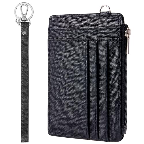 SEAVILIA Small Wallet for Women Slim Wristlet Keychain Wallets RFID Credit Card Holder With Zipper Pocket, ID Window (Black) - color: Black