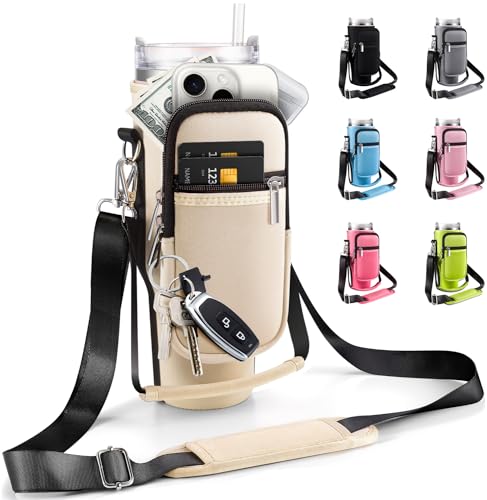 Water Bottle Carrier Bag for Stanley Cup 40 oz with Phone & Storage Pockets - color: Cream