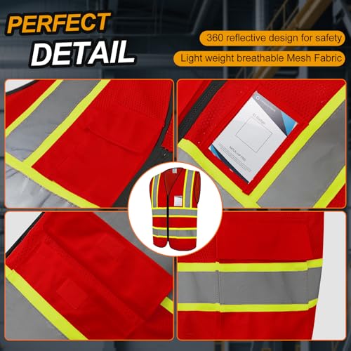 Safety Vest for Men 5 Pockets Mesh High Visibilitv Vest, Red L - color: Red, size: Large