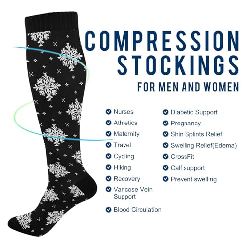 Snowflake Red Christmas Compression Sock for Women Men Funny Support Knee High Socks Running,Nurses,Travel - color: Black Snowflakes