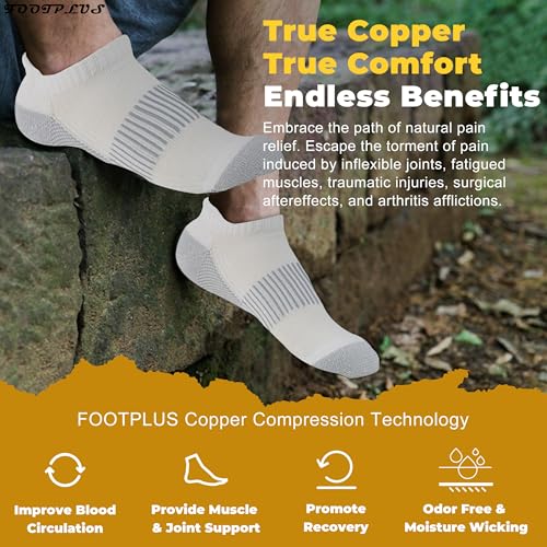 FOOTPLUS Copper Compression Socks,Unisex Cushioned Sole Arch Support Athletic Ankle/Crew Running Hiking Socks - color: 01# 6 Pairs-3 White Ankle&3 Black Ankle, size: Medium