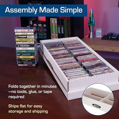 BCW Cassette Tape Storage Box for 60 Standard Cassettes - 3 Pack | Cassette Tape Case & Holder Organizer | Durable Corrugated Holder with Lid