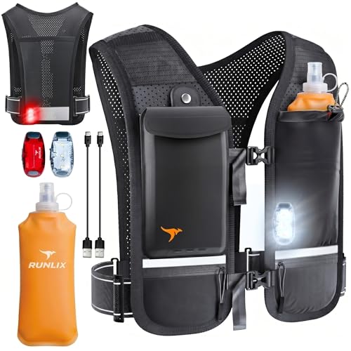 Running Vest for Women Men-Reflective Running Hydration Vest with 500ml Soft Water Bottle, Phone Holder, 2 LED Lights USB Rechargeable-7 Pockets Runners Backpack Marathon - size: X Small-Small