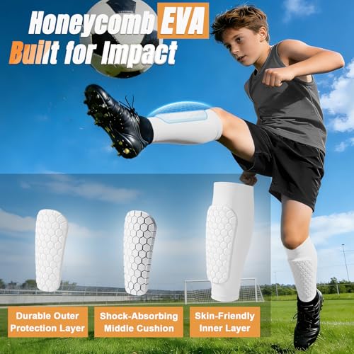 XZQTIVE Soccer Shin Guards Shin Defender for Kids Youth Adult, Ski Shin Guard Calf Compression Sleeve with Honeycomb Shin Pads - color: white, size: X-Small