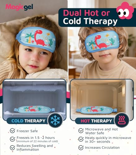 Magic Gel Toddler & Kids Ice Packs for Boo Boos & Injuries, Reusable Hot & Cold Gel Pack with Adjustable Strap for Kids & Toddler Head, Fever & Headache Relief, Toothache & Cooling Eye Mask - Dinosaur - style: Dinosaur