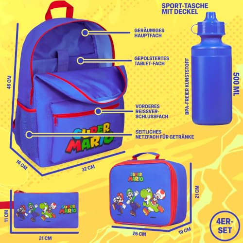Get Trend Super Mario Boys Backpack 4 Piece Set - color: Blue/Red Mario