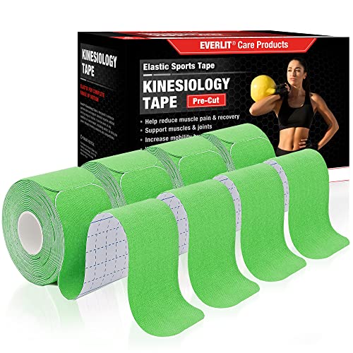 EVERLIT [4-Pack] Pre-Cut Elastic Cotton Kinesiology Therapeutic Athletic Sports Tape, for Pain Relief and Support, 80 Precut 10” Strips (Lime Green) - color: Lime Green