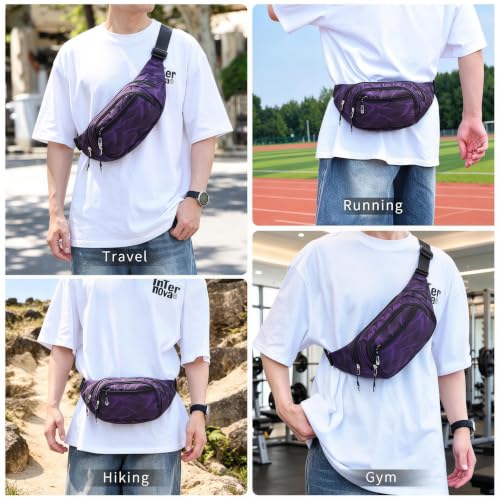 Large Fanny Pack for Women Men NSYOOMH, Crossbody Waist Bag 5-Zipper Pocket - color: Deep Violet