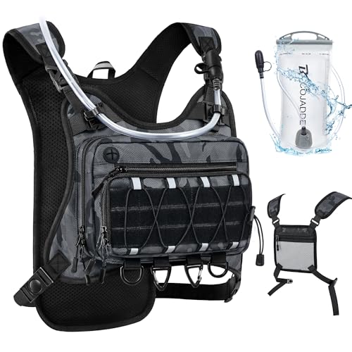 BECOJADDE Running Vest for Men with 2L Water Bladder Tactical Hydration Backpack Adjustable Lightweight Chest Pack for Marathon Hunting Cycling - color: Urban Camo