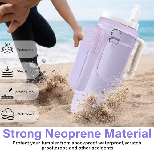 Water Bottle Carrier Bag for Stanley Cup 40/30oz, Neoprene Water Bottle Holder Pouch with 3 Pocket Adjustable Shoulder & Hand Strap - color: Rose Red