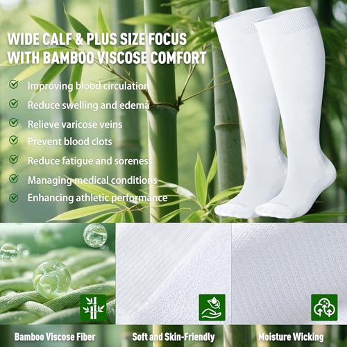 LEVSOX Bamboo Viscose Wide Calf Compression Socks 20-30 mmHg with Cushioned - color: White, size: Medium