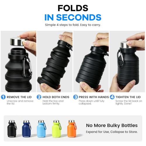 Nefeeko Collapsible Water Bottle, 18floz Reuseable BPA Free Silicone Foldable Bottles for Travel Gym Camping Hiking, Portable Leak Proof Sports Water Bottle with Carabiner - color: Black-18oz