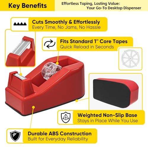 2-Pack Compact Desktop Tape Dispenser with 5 Rolls 3/4" Tape, Red - color: Red