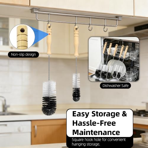 2 Pcs Bottle Brushes Set with Wooden Handle, Long Thin Flexible Cleaner - size: 14.8" standard
