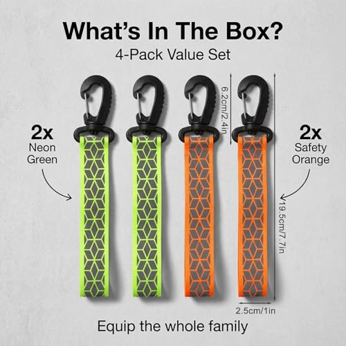 4 PCS Reflective Straps for Backpack, Backpack Reflector, Green and Orange Reflective Keychain for Right Walking Climbing Cycling Running
