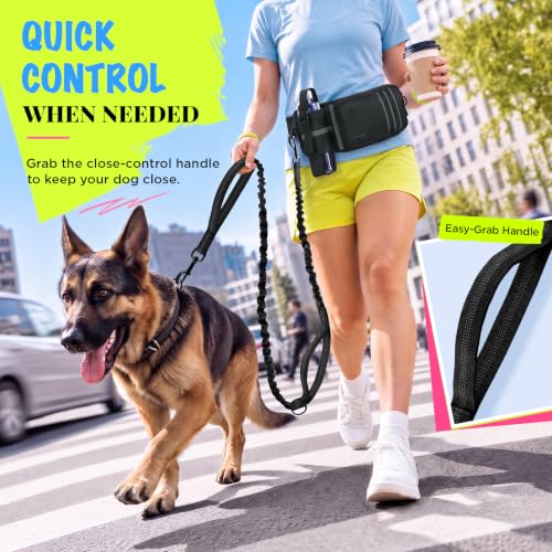 Hands Free Running Dog Leash with Storage Waist Belt, Shock-Absorbing Bungee Lead, Water Bottle Holder & Dual Handles for Walking, Hiking & Training Medium Large Dogs