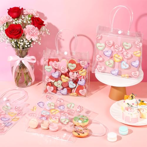 Aliceset 12 Pcs Valentine's Day Gift Bags Bulk Heart Printed Transparent Goodie Bags with Handles Reusable PVC Gift Totes for Valentines Wedding Bridal Birthday Party Favor(Conversation Heart) - style: Conversation Heart
