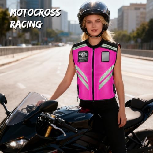 Pink Reflective Motorcycle Cycling Vest, Breathable Safety High Visibility Riding Vest For Women Adjustable Waist - size: X-Large