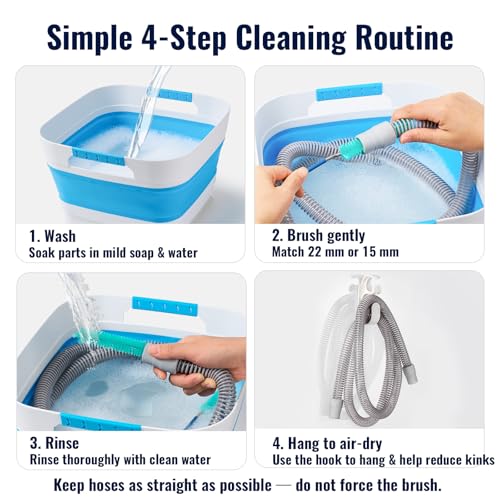 CPAP Cleaning Kit for Hose and Mask, Dual-Ended Hose Cleaner Brush for 22mm & 15mm Tubing, Collapsible Wash Basin, 2 Detail Brushes, Hook & Storage Bag, CPAP Cleaning Supplies - color: Pro