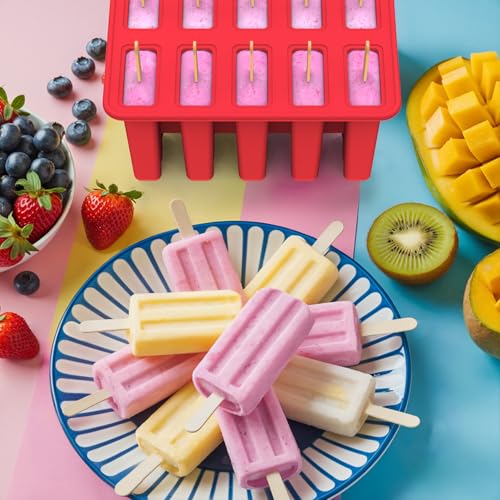 10-Cav Popsicle Molds, Silicone Ice Pop Mold for DIY Frozen Treats - color: Red+Bin