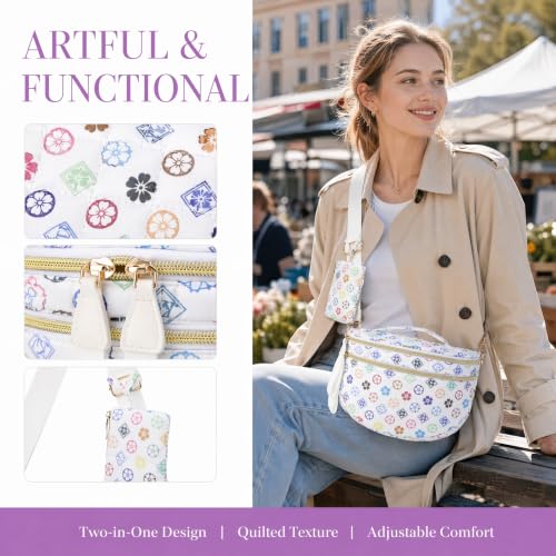 Makes Checkered Crossbody Bag Bum Bag for Women with Pouch - color: Puffer Triwhite Flower