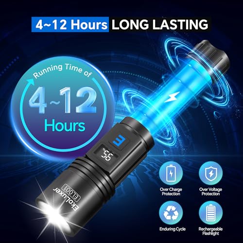 3Pack Rechargeable Flashlights 10000 High Lumens, Super Bright Flashlight with LCD Digital Display, 5Modes Adjustable LED Flashlight Tactical Flashlights High Powered, Flash Lights for Emergency - size: 4 Pack