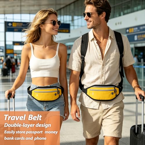 Fanny Packs for Women Men,Travel Money Pouch,Adjustable Running Belt,Yellow - color: Yellow
