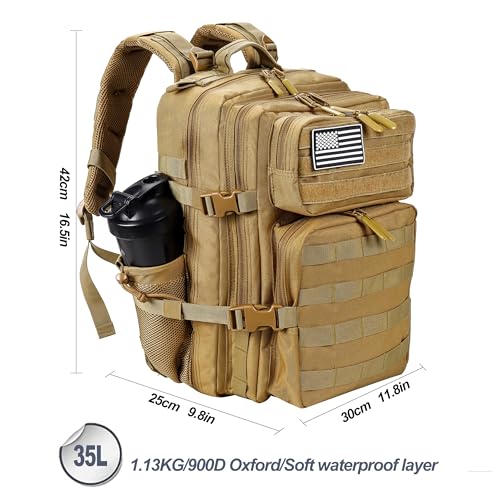 LHI Tactical Military Backpack for Men and Women 25L/35L Army Assault Pack Bag Small Rucksack with Bottle Holder - color: 35l-khaki, size: Medium