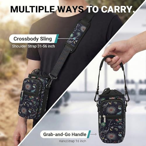 AUPET Water Bottle Sling Bag Sleeve Holder Carrier 25/32/40/64 oz,Insulated Crossbody Water Bottle Case Cover with Strap and Pockets for Men/Women Walking Hiking - color: Mystical Cosmic, size: 25oz