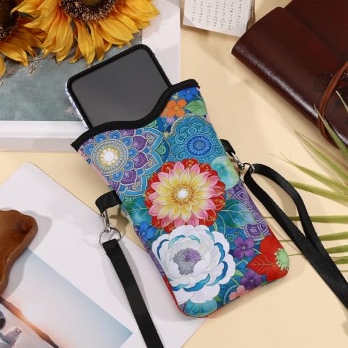GLOBLELAND Mandala Flowers Nylon Cell Phone Sleeve Pouch Case Bag 7.1×3.9 inch Datura Flowers Shockproof Universal Phone Bag with Crossbody Strap Neck Lanyard for Women Men Phone Headphones Watch - color: Mandala