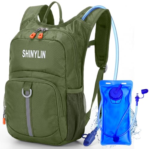 Shinylin Kids Hydration Backpack with 1.5L Water Bladder Hiking Backpack Lightweight for Boys or Girls Children Biking Climbing Running Cycling - color: Olive Green, style: Classic