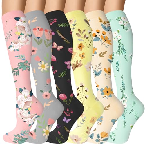 6 Pairs 20-30 mmHg Knee High Compression Socks, Unisex, Running, Travel - color: B-pink, size: Large-X-Large
