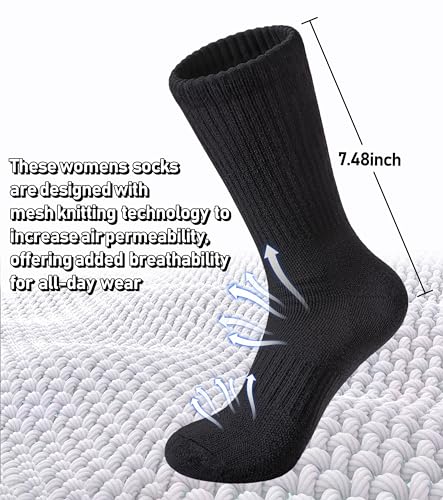 FNOVCO Women's Hiking Walking Running Crew Socks Thick Cushioned Athletic Compression Socks 5 Pairs - color: Black, size: 5-8