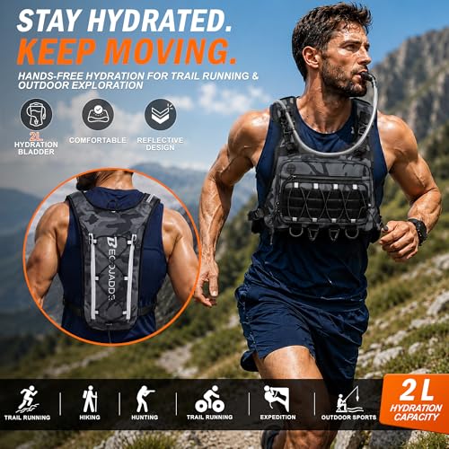 BECOJADDE Running Vest for Men with 2L Water Bladder Tactical Hydration Backpack Adjustable Lightweight Chest Pack for Marathon Hunting Cycling - color: Urban Camo