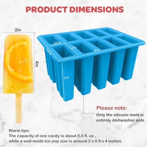 10-Cav Popsicle Molds, Silicone Ice Pop Mold for DIY Frozen Treats - color: Blue+Bin