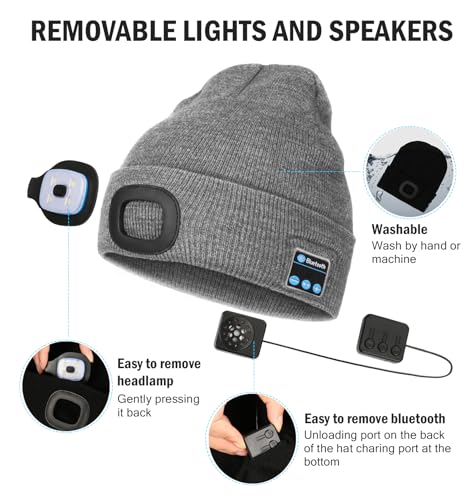 CENSGO Bluetooth Beanie with The Light, Unique Tech Gifts for Men Husband Him Teen, Wireless Headphones for Fishing Jogging Working, Christmas Stocking Grey - color: Grey