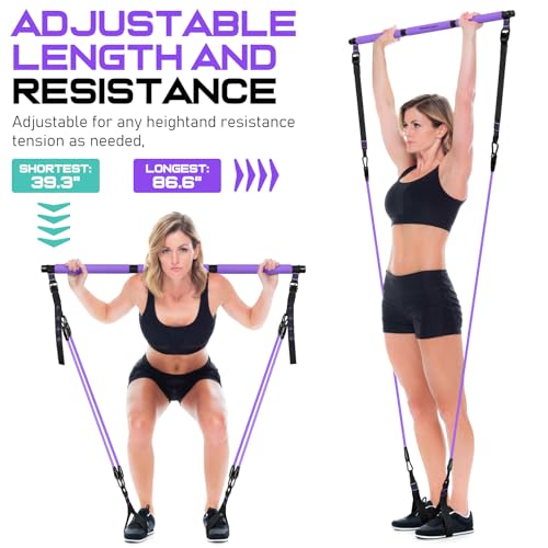 Pilates Bar Kit with Resistance Bands, Pilates Workout Equipment for Women - color: Purple