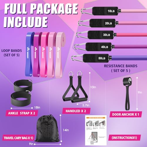 WHATAFIT Resistance Bands with Handles, 150 lb Exercise Bands Set - color: Pink Purple 16PCS