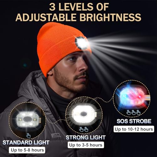 Beanie with Light, Unisex Hat with Light, 3 Modes Rechargeable Headlamp Beanie, Removable LED Flashlight Hat for Running, Camping, Hunting, Cycling, Night Activities, Gifts for Men & Women (Orange)