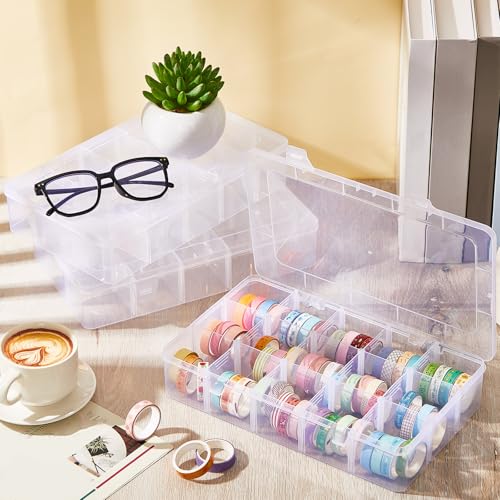 Leinuosen 3 Pack Clear Washi Tape Organizer Storage 15 Grids Plastic Organizer Box Adjustable Dividers for Jewelry, Washi Tapes, Art DIY Crafts, Beads and Small Parts