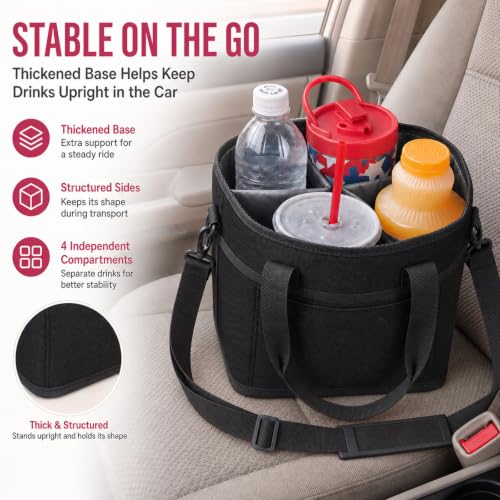 Structured Drink Carrier Bag, Family Size 4 Compartment Drink Bag - color: Deep Black