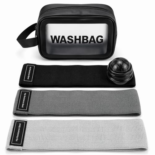 Fabric Resistance Bands for Working Out Women - Set of 3 with Massage Roller Ball & Waterproof Gym Bag - Anti-Slip Glute, Hip & Leg Workout Bands - color: Black, Gray, Light Gray