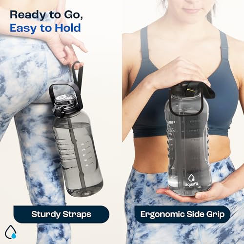 AQUAFIT 64 oz Water Bottle with Handle, 2in1 Lid - color: Gray