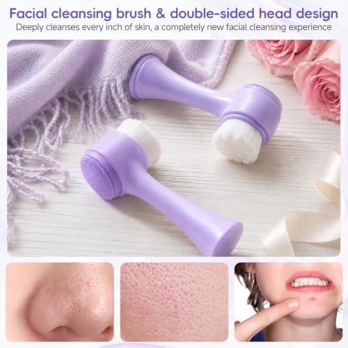 Skincare Tools Set with Face Cleansing Brush, Ice Face Roller & Gua Sha Set - color: Purple