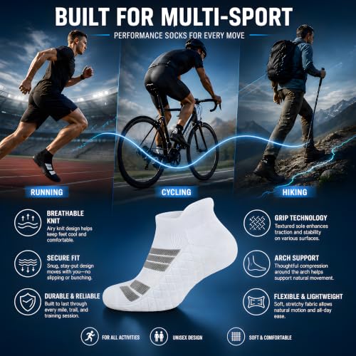 Running Socks Men Size 10-13 Ankle Height with Heel Tab for Athletic - color: 3 Black, 3 White, size: Large