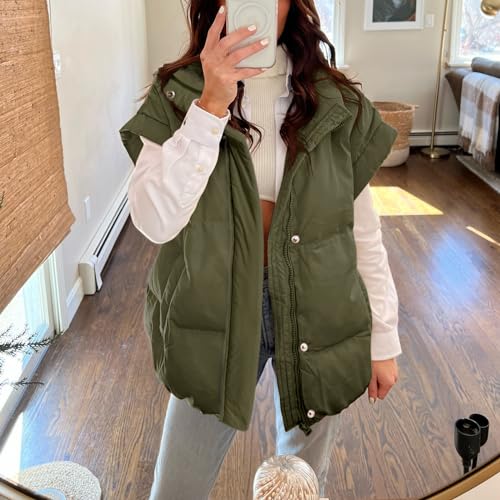 Songling Womens Oversized Puffer Vest Stand Collar Full Zip Sleeveless Bubble Puffer Vest Quilted Padded Warm Coat Outwear - color: Army-green, size: Medium